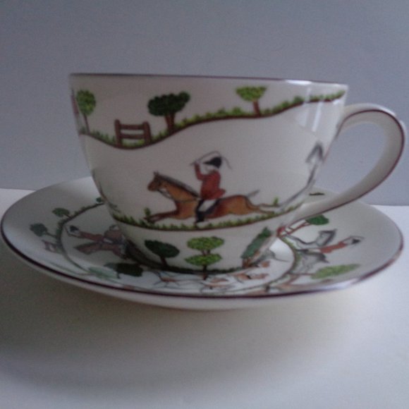 Vintage Staffordshire China Jumbo Mug and Saucer Set Hunting Scene - Picture 1 of 5
